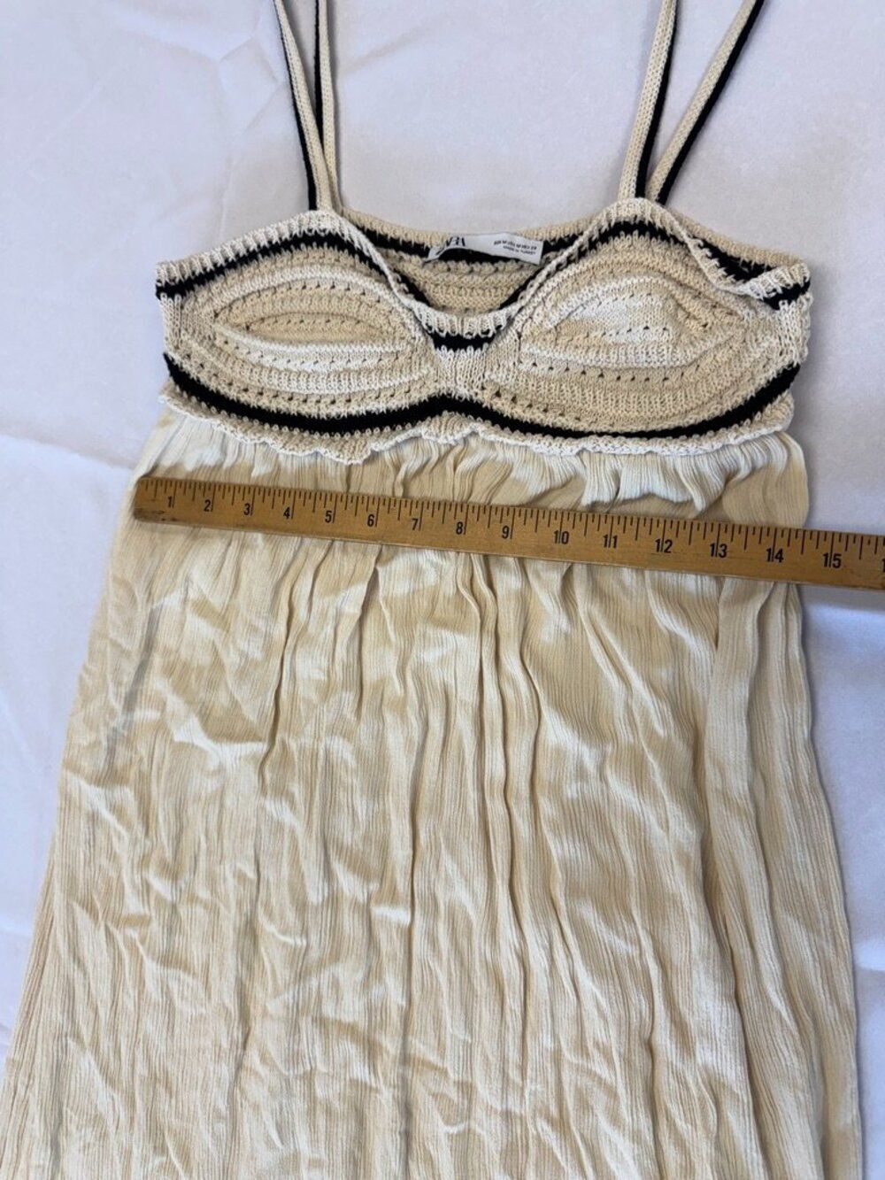 Zara Ecru Crochet Knit Maxi Dress Babydoll Silhouette Black Trim Size M Rare - Picture 8 of 11